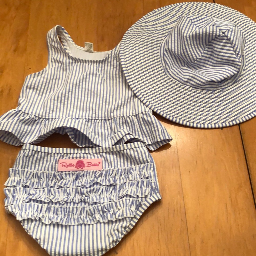 Blue and white stripped bathing suit with hat